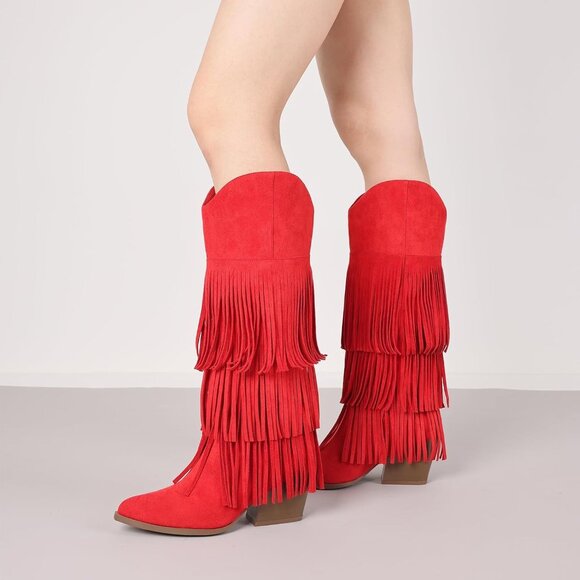 Women Retro Pointed Faux Suede Red Fringe Country Knee High Western Cowgirl Boot - Picture 3 of 8